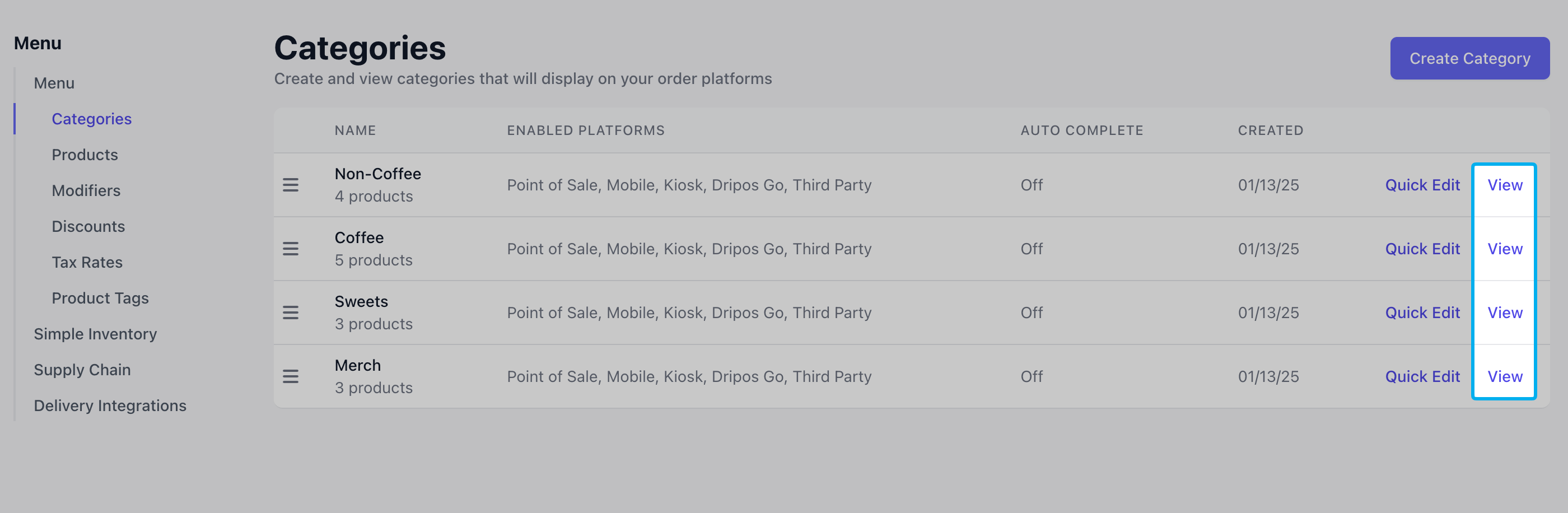 Categorized Menu Create and Manage Menu Categories - Dripos