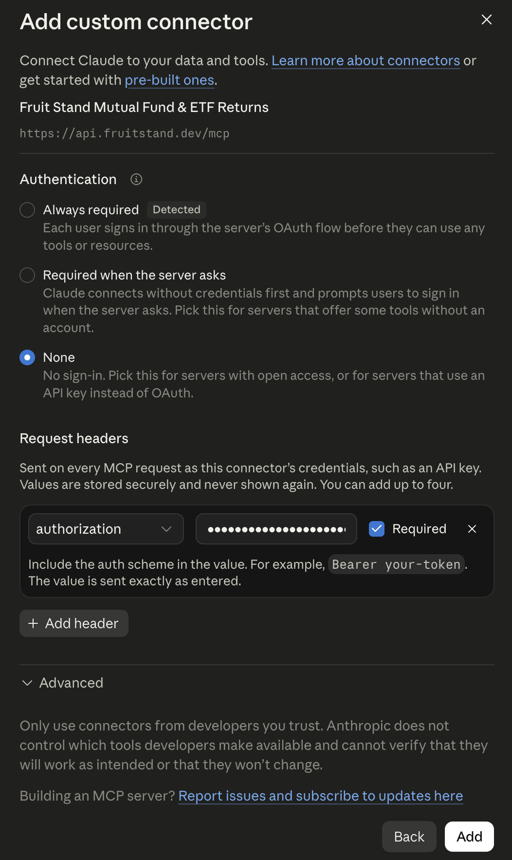 Custom connector authentication step with None selected and an authorization request header containing a Bearer token