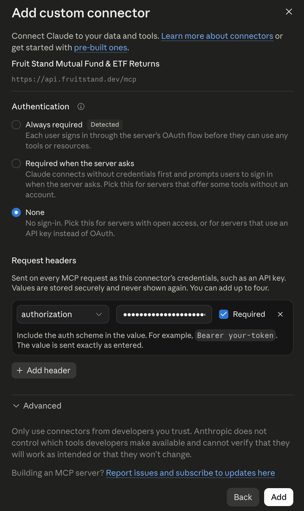Custom connector authentication step with None selected and an authorization request header containing a Bearer token