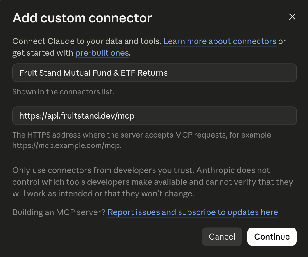 Add custom connector dialog with the name Fruit Stand Mutual Fund & ETF Returns and the server URL https://api.fruitstand.dev/mcp
