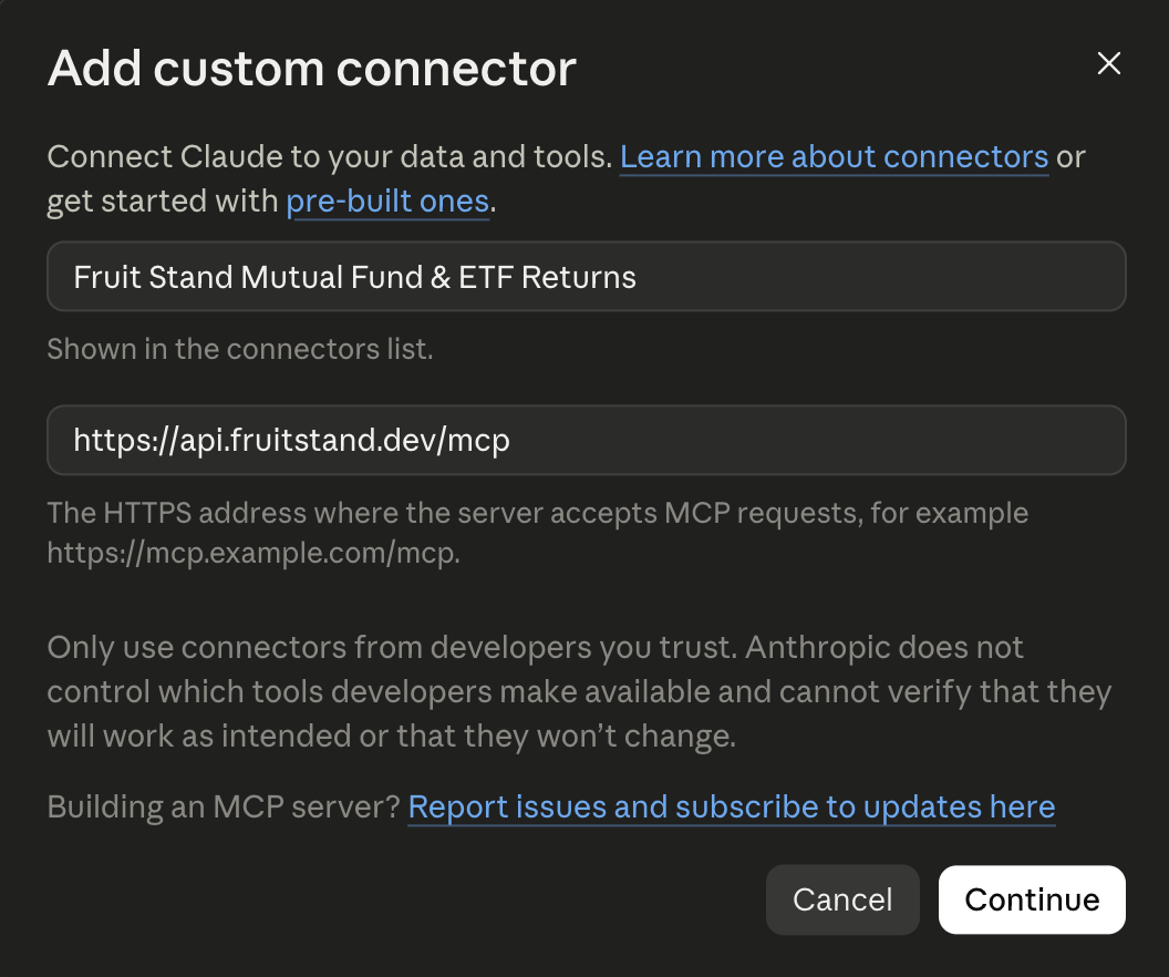 Add custom connector dialog with the name Fruit Stand Mutual Fund & ETF Returns and the server URL https://api.fruitstand.dev/mcp