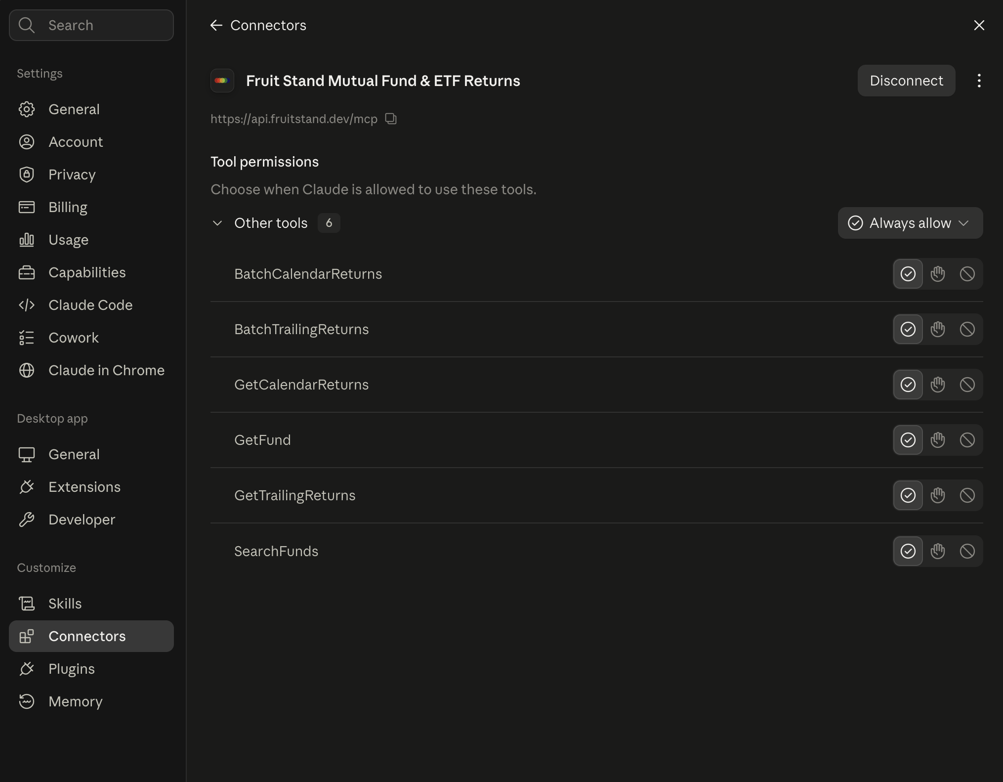 Connected Fruit Stand connector showing six fund returns tools under Tool permissions