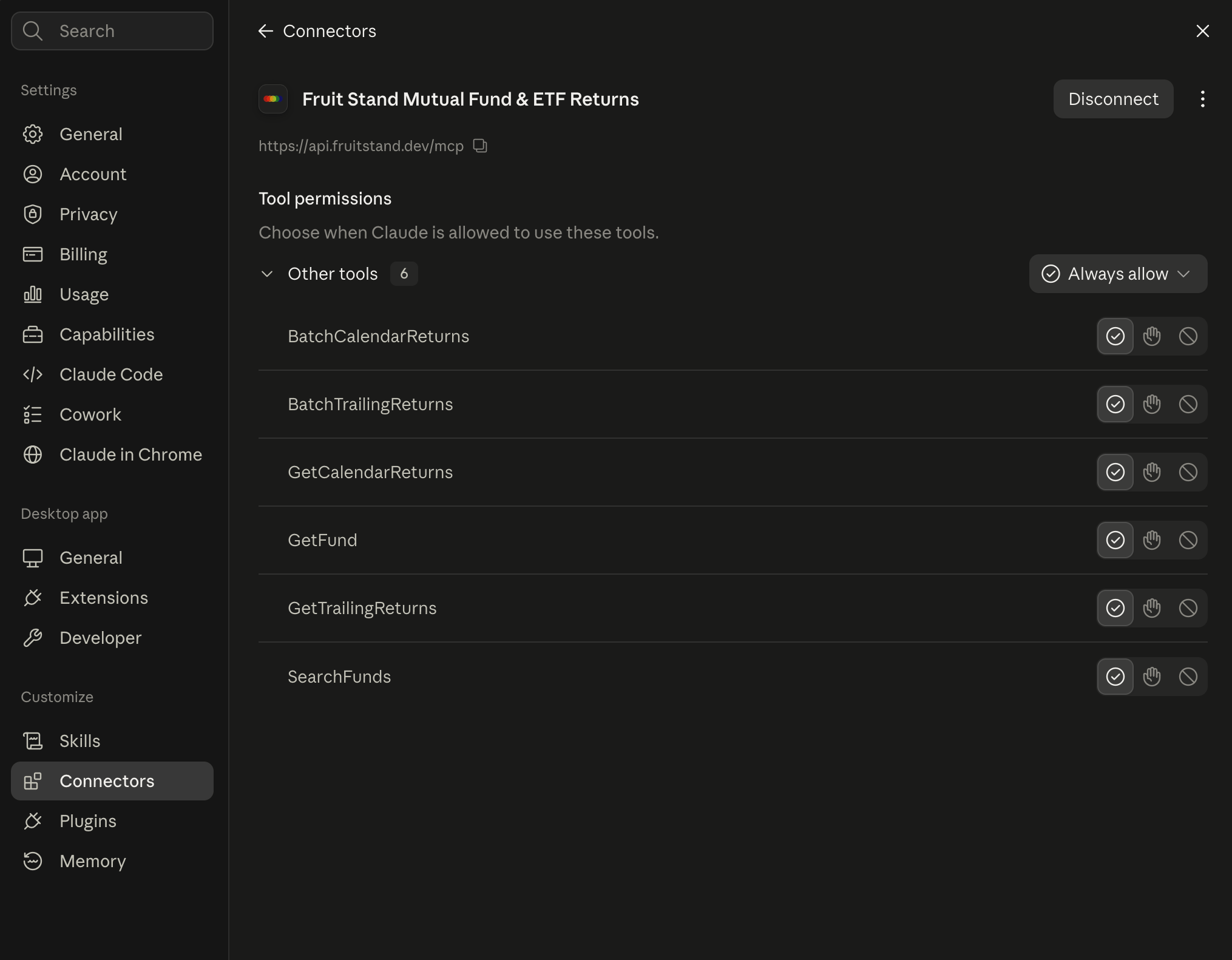Connected Fruit Stand connector showing six fund returns tools under Tool permissions