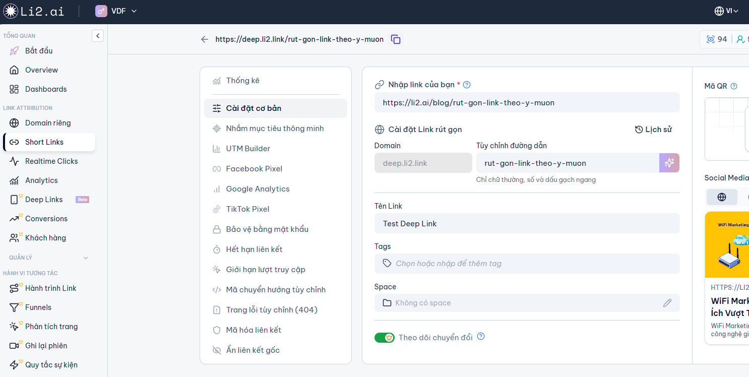 Chọn custom domain đã bật Deep Link khi tạo short link