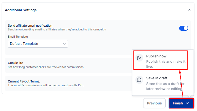 Save and Publish in the Affiliate Manager