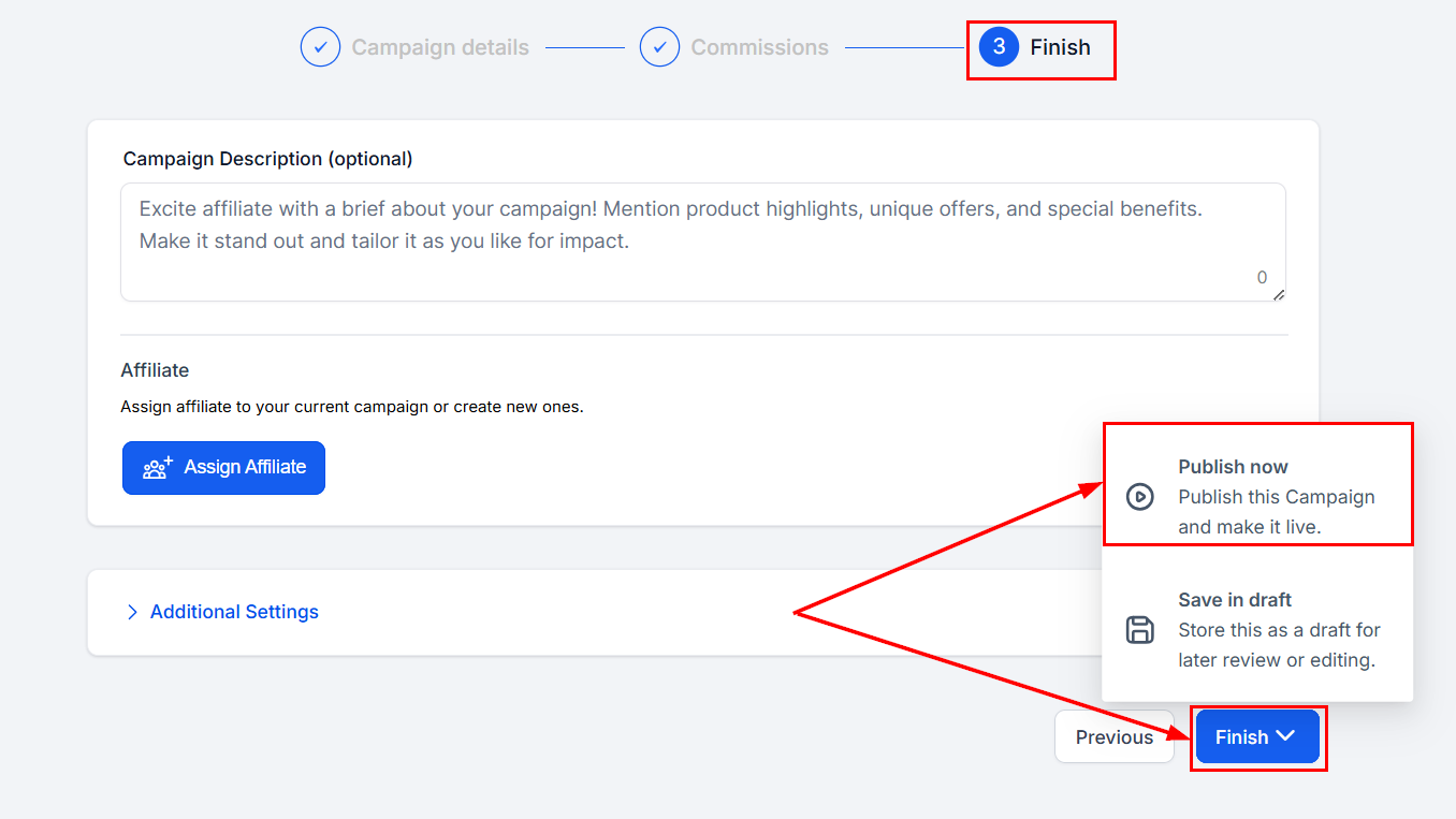 Save or Publish Your Campaign in the Affiliate Manager
