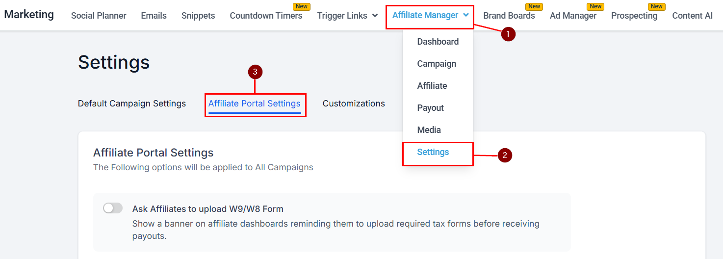 Customizing Available Features in the Affiliate Manager