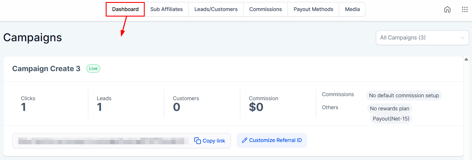 Dashboard in the Affiliate Manager