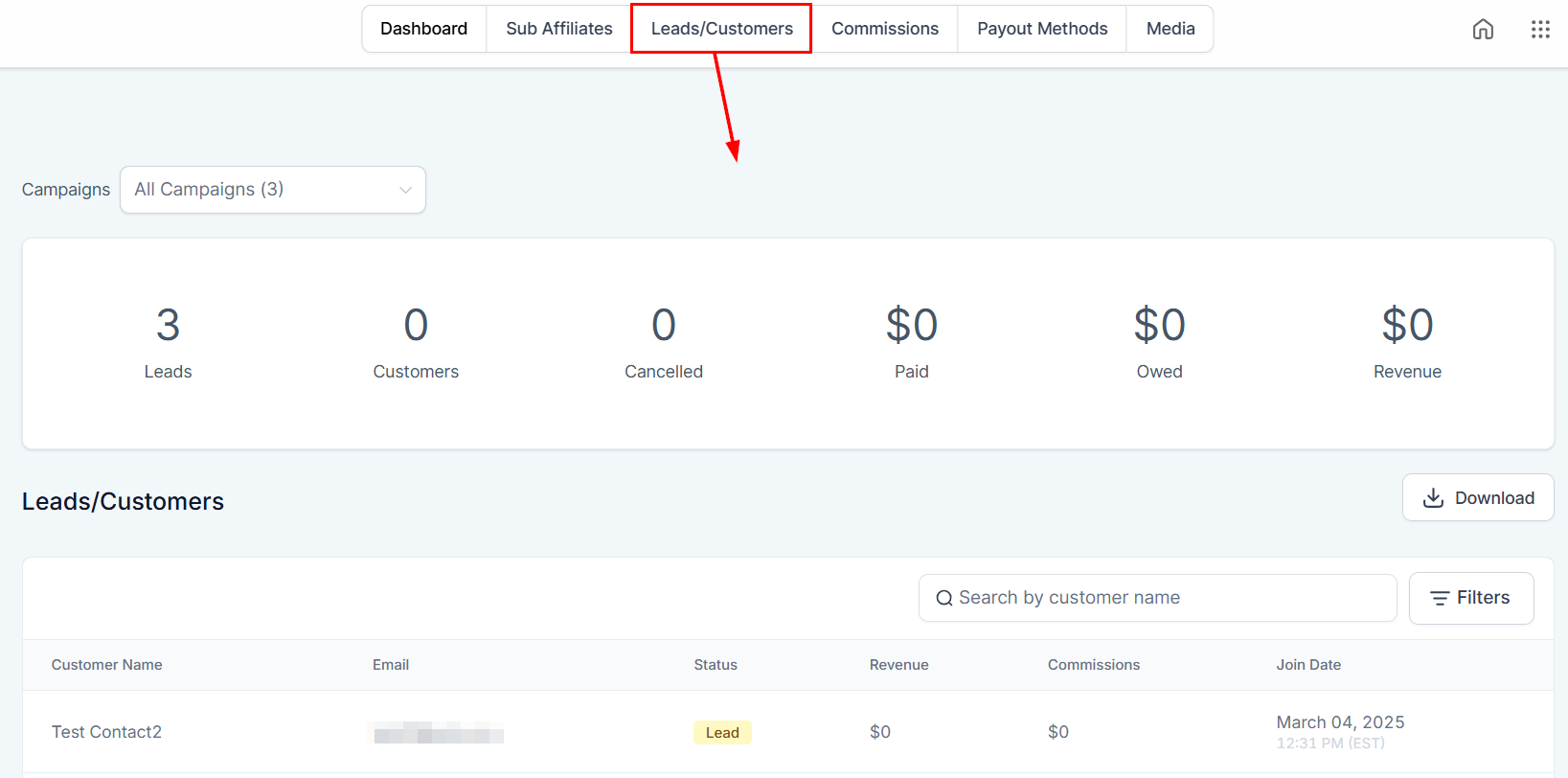 Leads/Customers in the Affiliate Manager