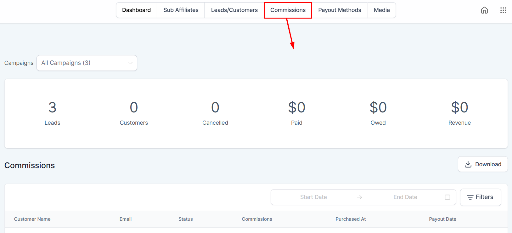 Commissions in the Affiliate Manager