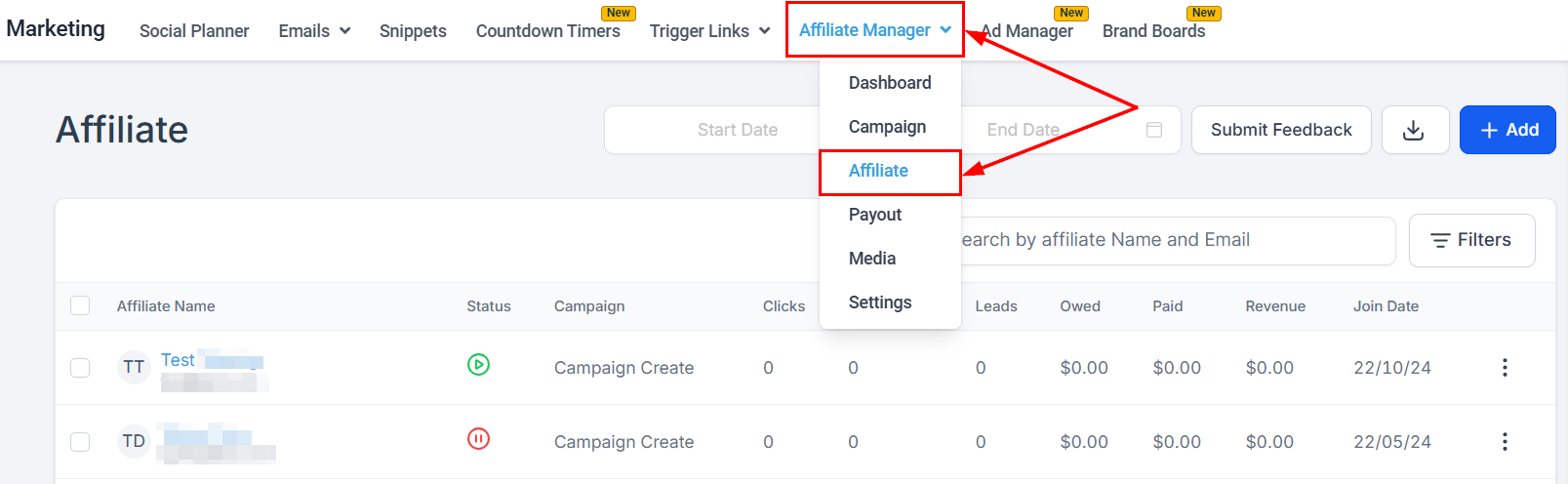 Navigating to Affiliates in the Affiliate Manager