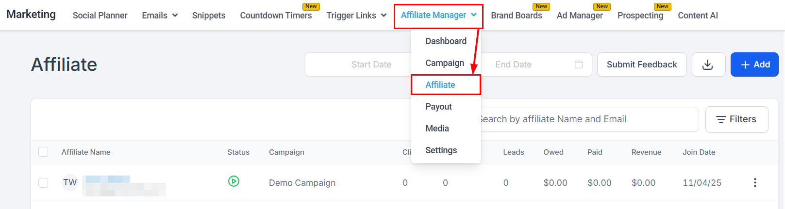 Adding an Affiliate to a Campaign in the Affiliate Manager
