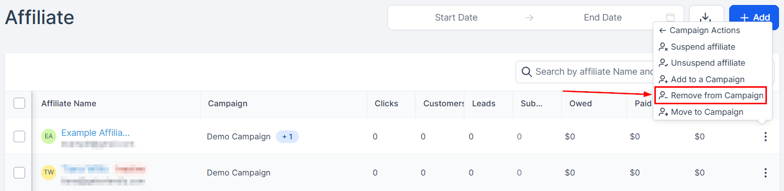 Removing an Affiliate from a Campaign in the Affiliate Manager (2)