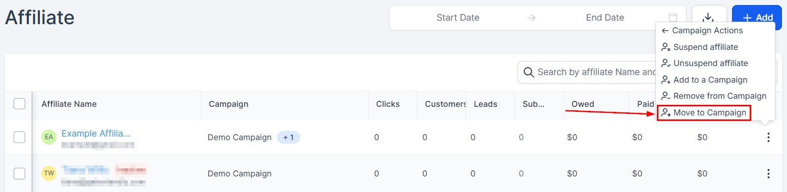 Moving an Affiliate from a Campaign in the Affiliate Manager (2)