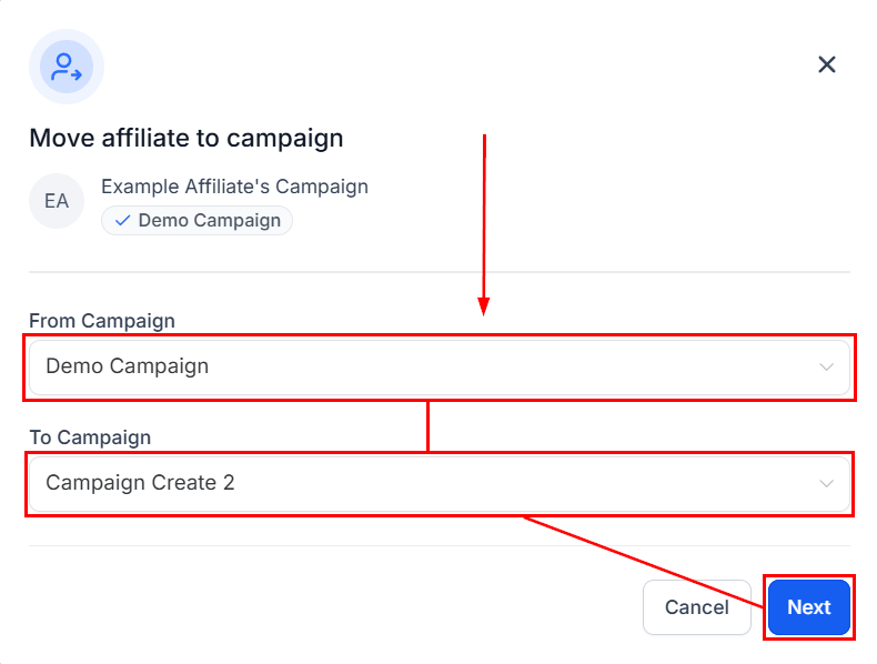 Moving an Affiliate from a Campaign in the Affiliate Manager (3)