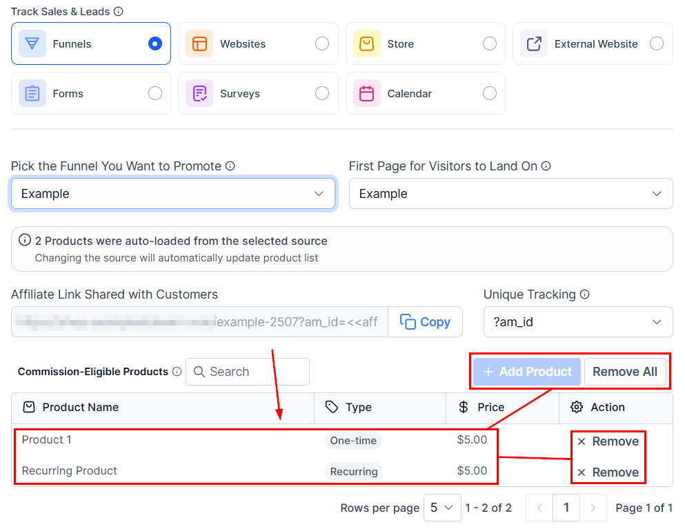 Products in the Affiliate Manager