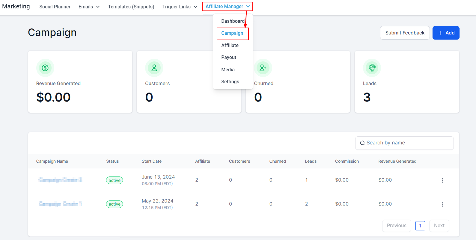 Affiliate Campaign in the Affiliate Manager