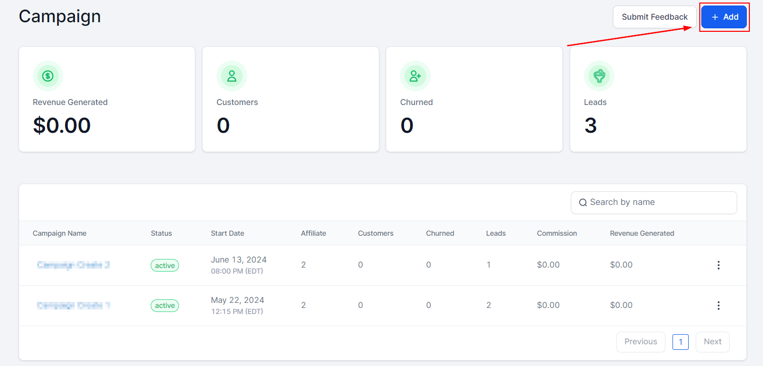 Add New Campaign in the Affiliate Manager