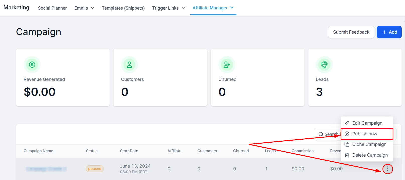Publish or Draft in the Affiliate Manager