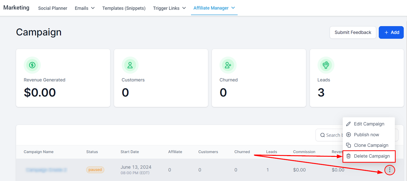 Delete Campaign in the Affiliate Manager
