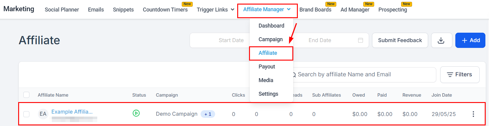Affiliate Highlights in the Affiliate Manager