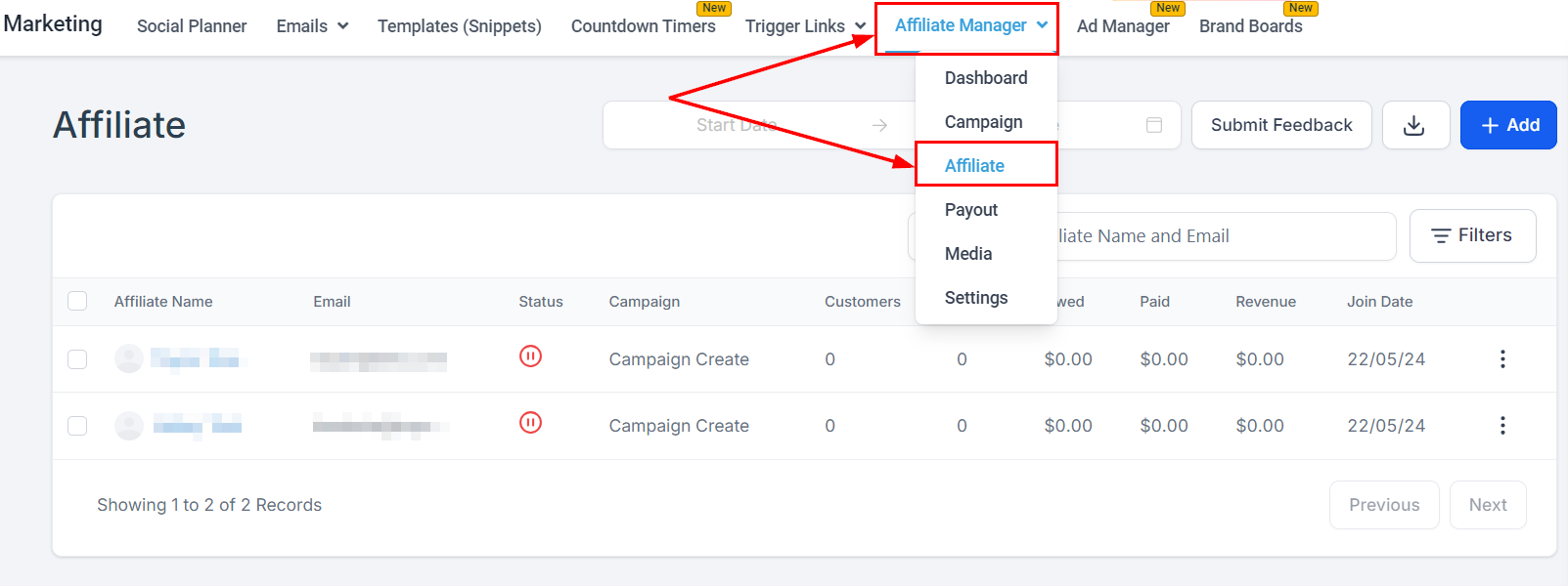 Select the Affiliate in the Affiliate Manager