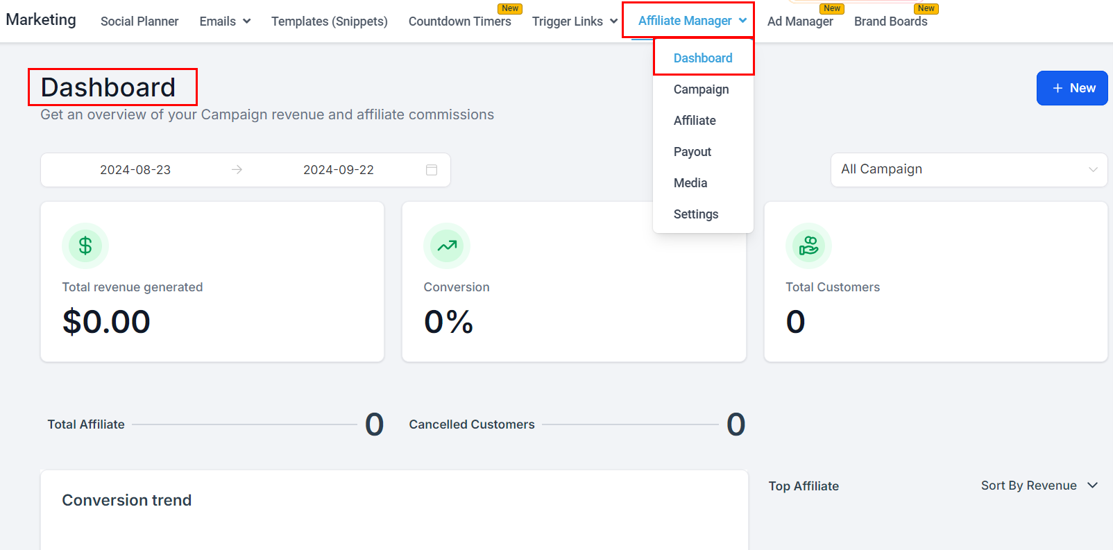 Getting Started with the Affiliate Manager Dashboard in the Affiliate Manager
