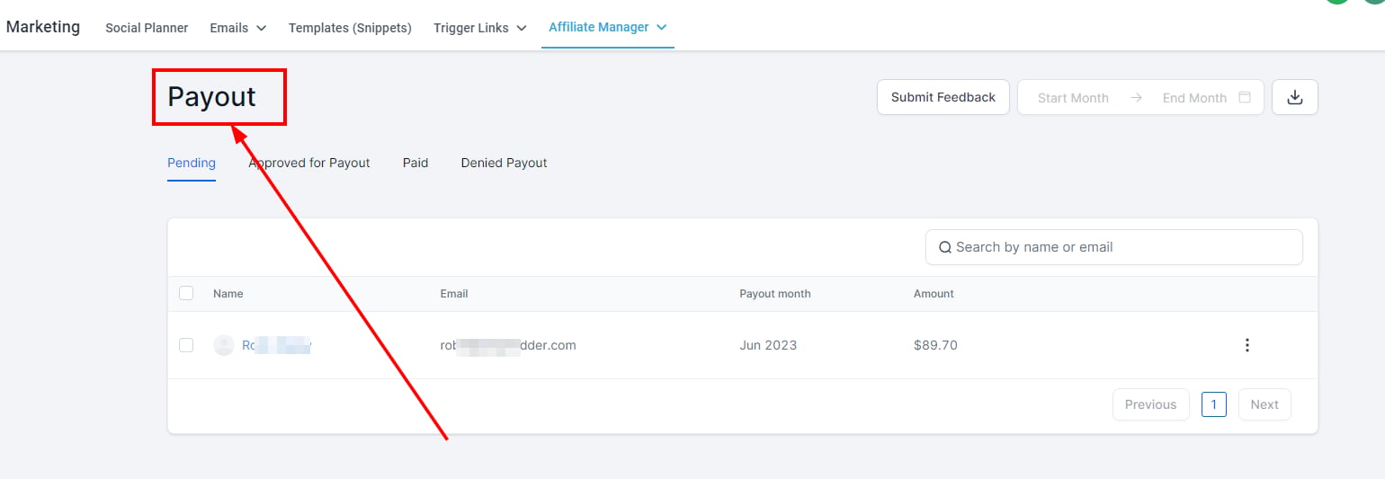 Payout in the Affiliate Manager
