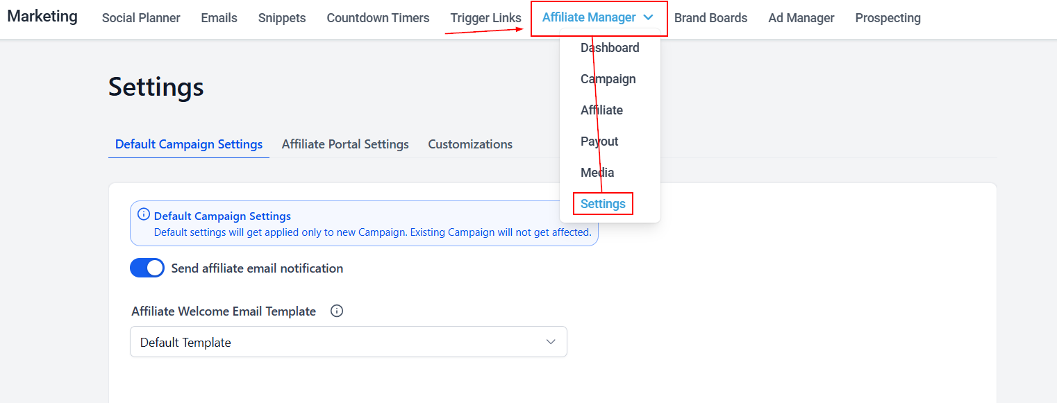 Affiliate Manager Settings in the Affiliate Manager