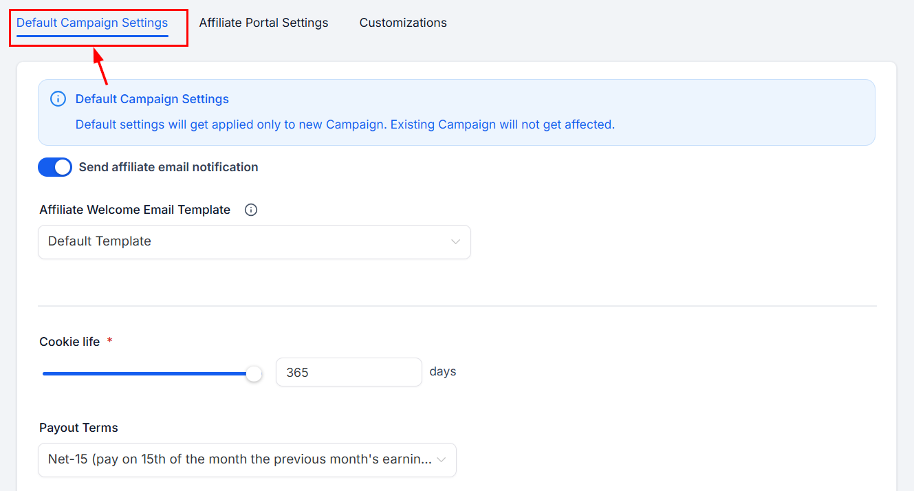 Default Campaign Settings in the Affiliate Manager