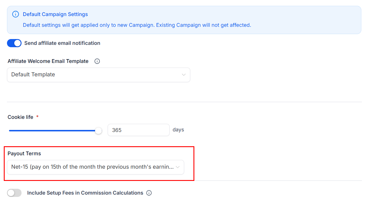 Payout Terms in the Affiliate Manager
