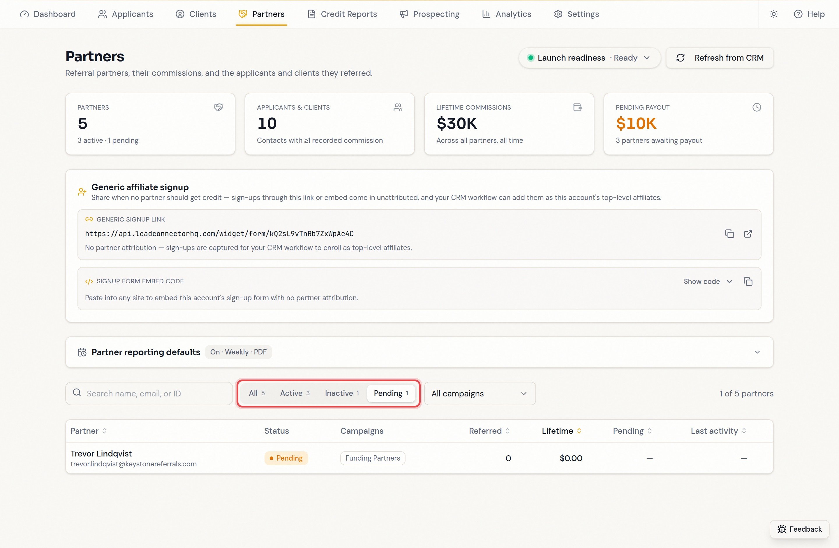 Filtering the partner table to pending partners