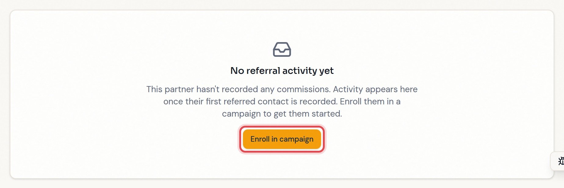 Partner overview with no referral activity and an Enroll in campaign button