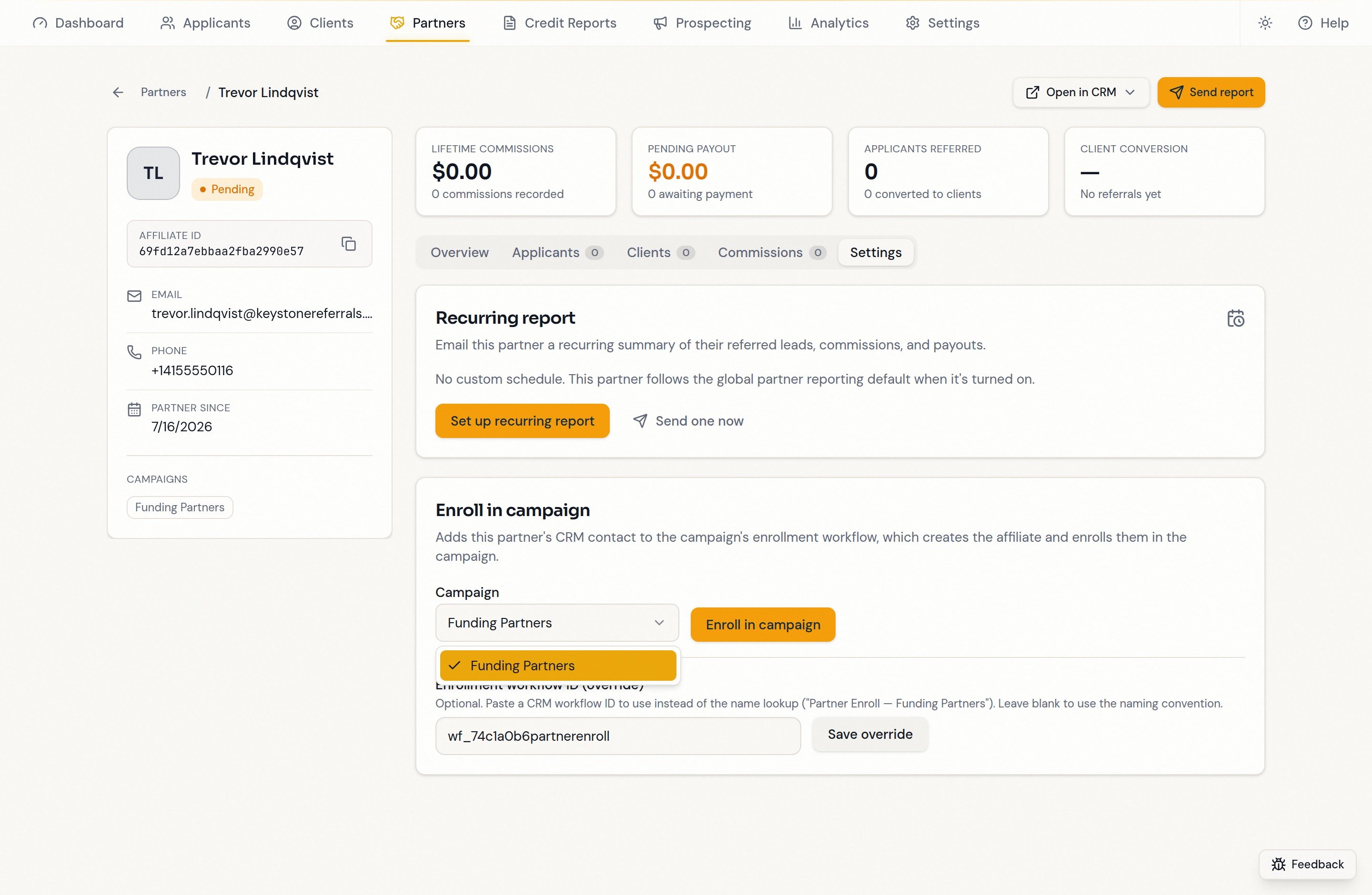 Choosing a campaign from the enrollment dropdown
