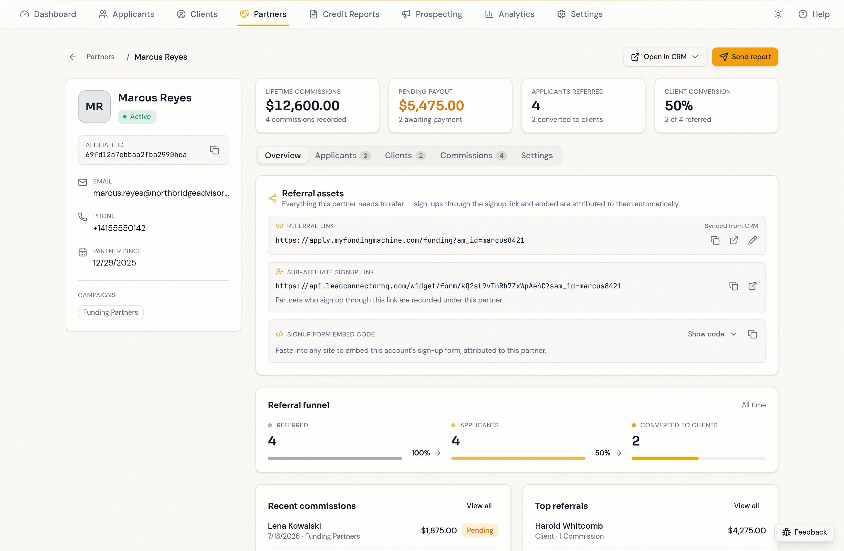 A partner record showing identity, KPIs, referral assets, and the referral funnel