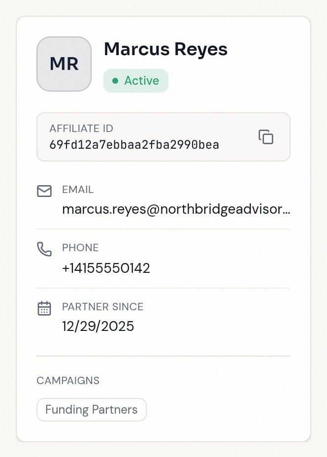 Partner identity panel with affiliate ID, email, phone, partner since date, and campaigns