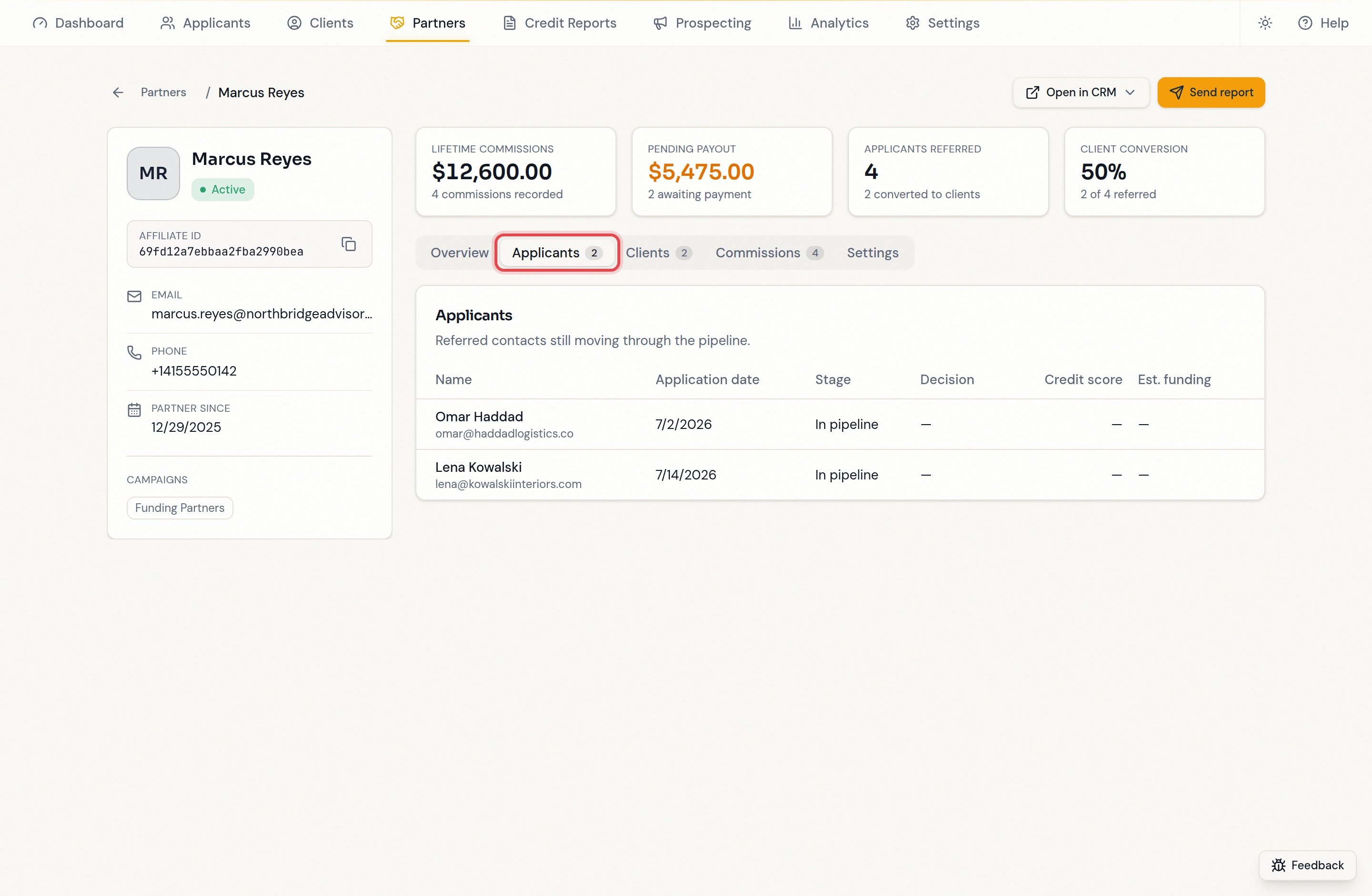 Applicants tab listing referred contacts still in the pipeline