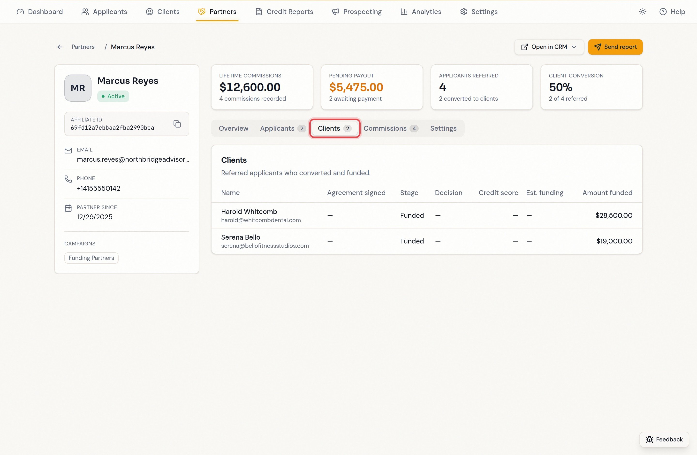 Clients tab listing referred contacts that funded, with amounts