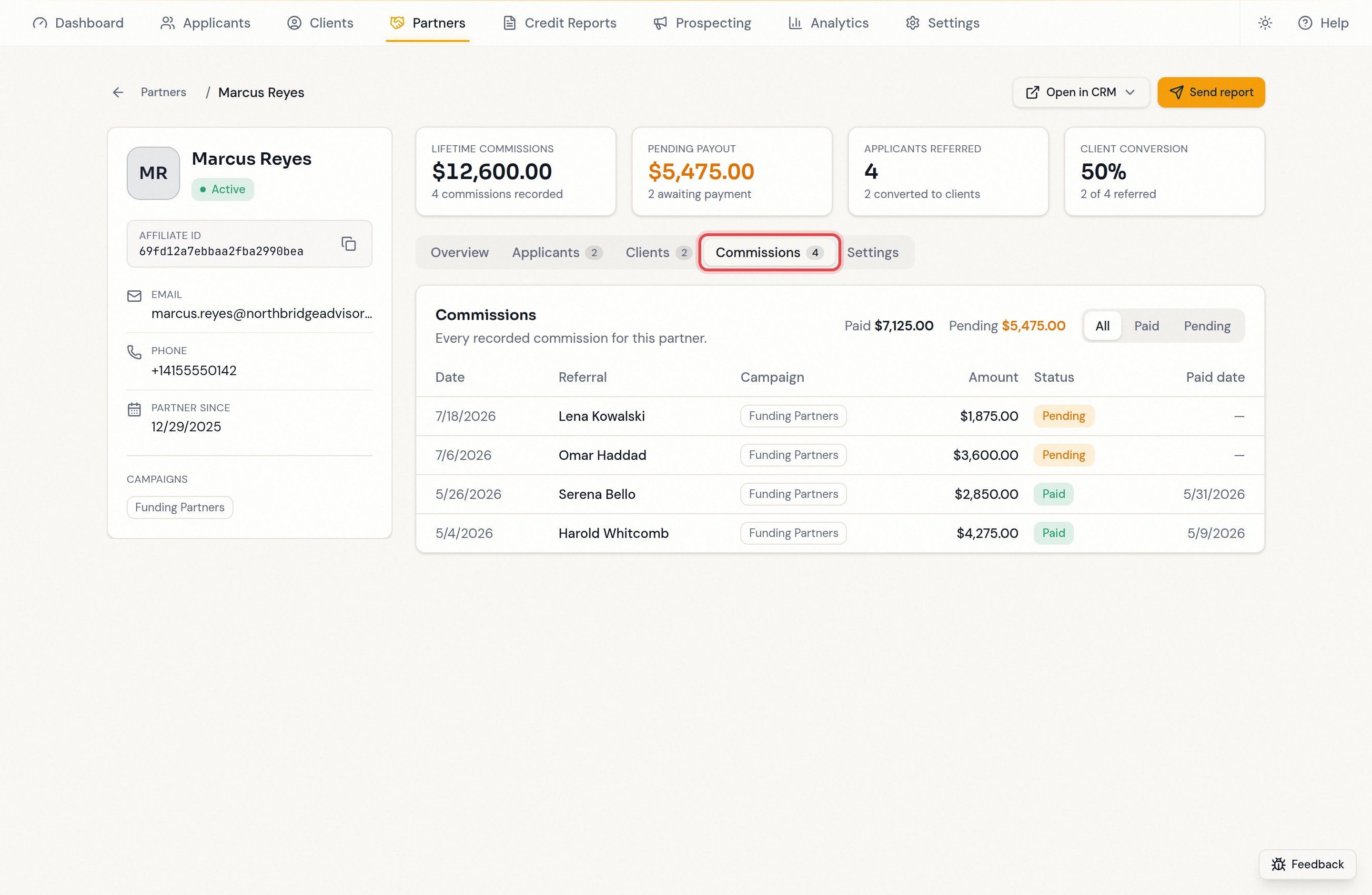 Commissions tab showing the full commission ledger with paid and pending totals