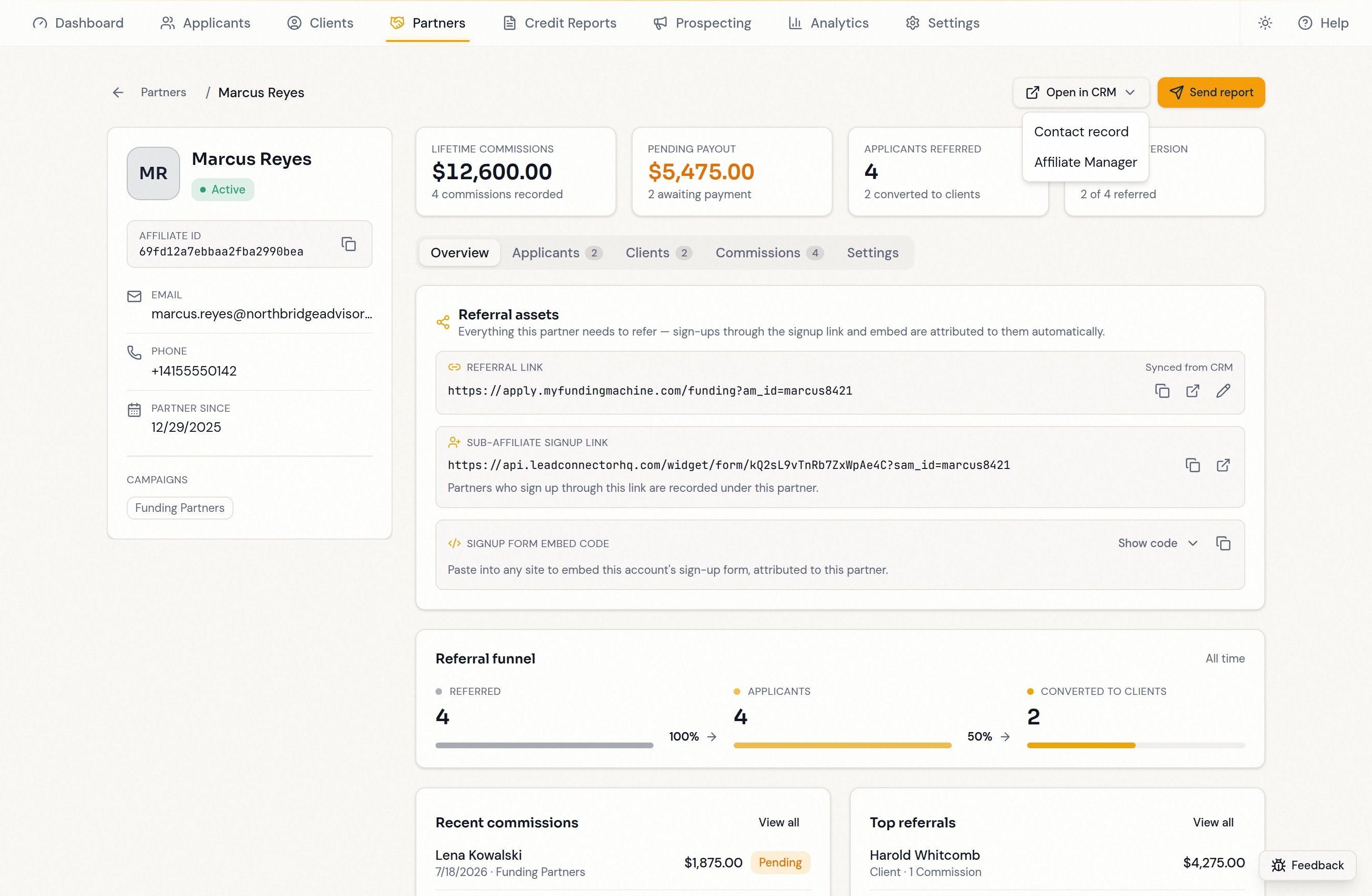 The Open in CRM menu with contact record and Affiliate Manager destinations