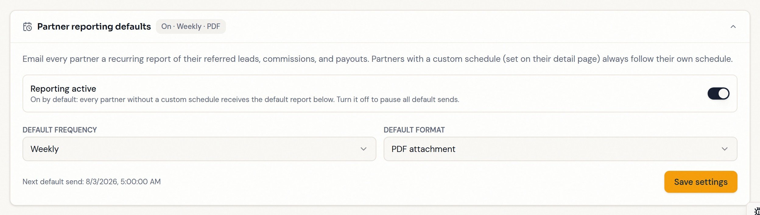Partner reporting defaults with frequency, format, and save controls