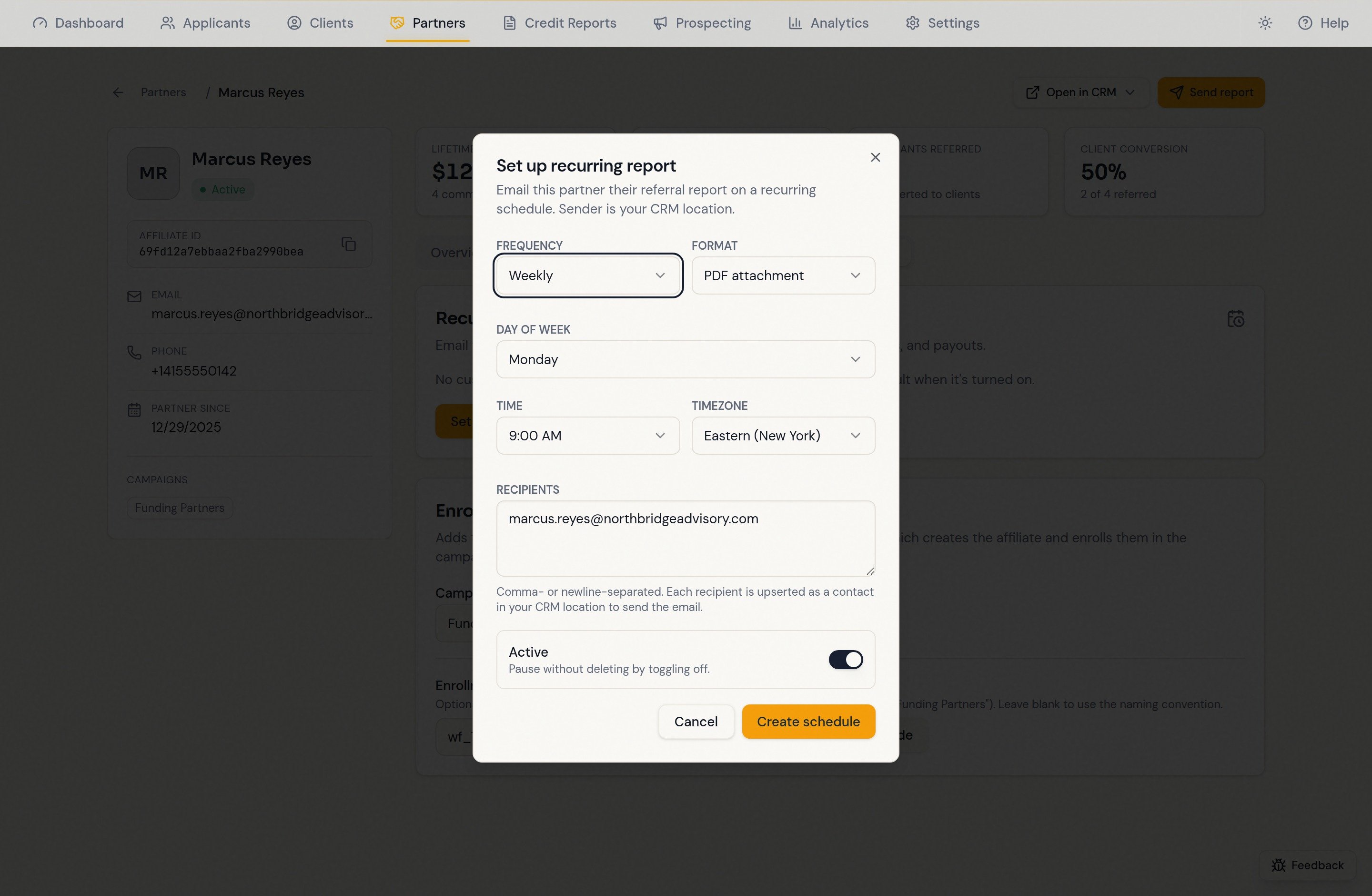 Recurring report dialog with frequency, format, day, time, timezone, and recipients