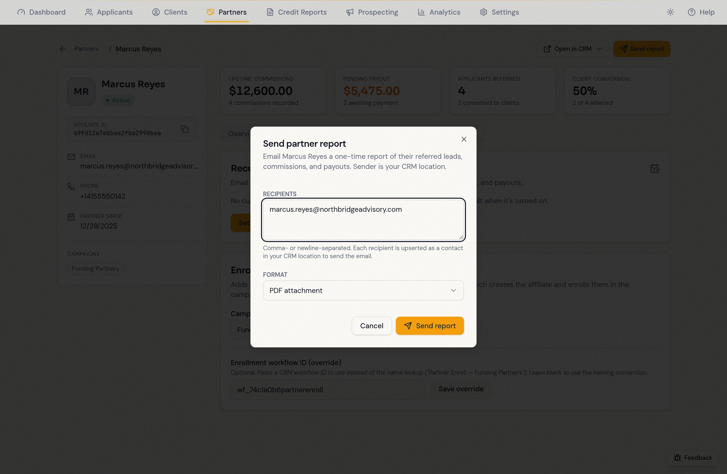 Send partner report dialog with recipients and format