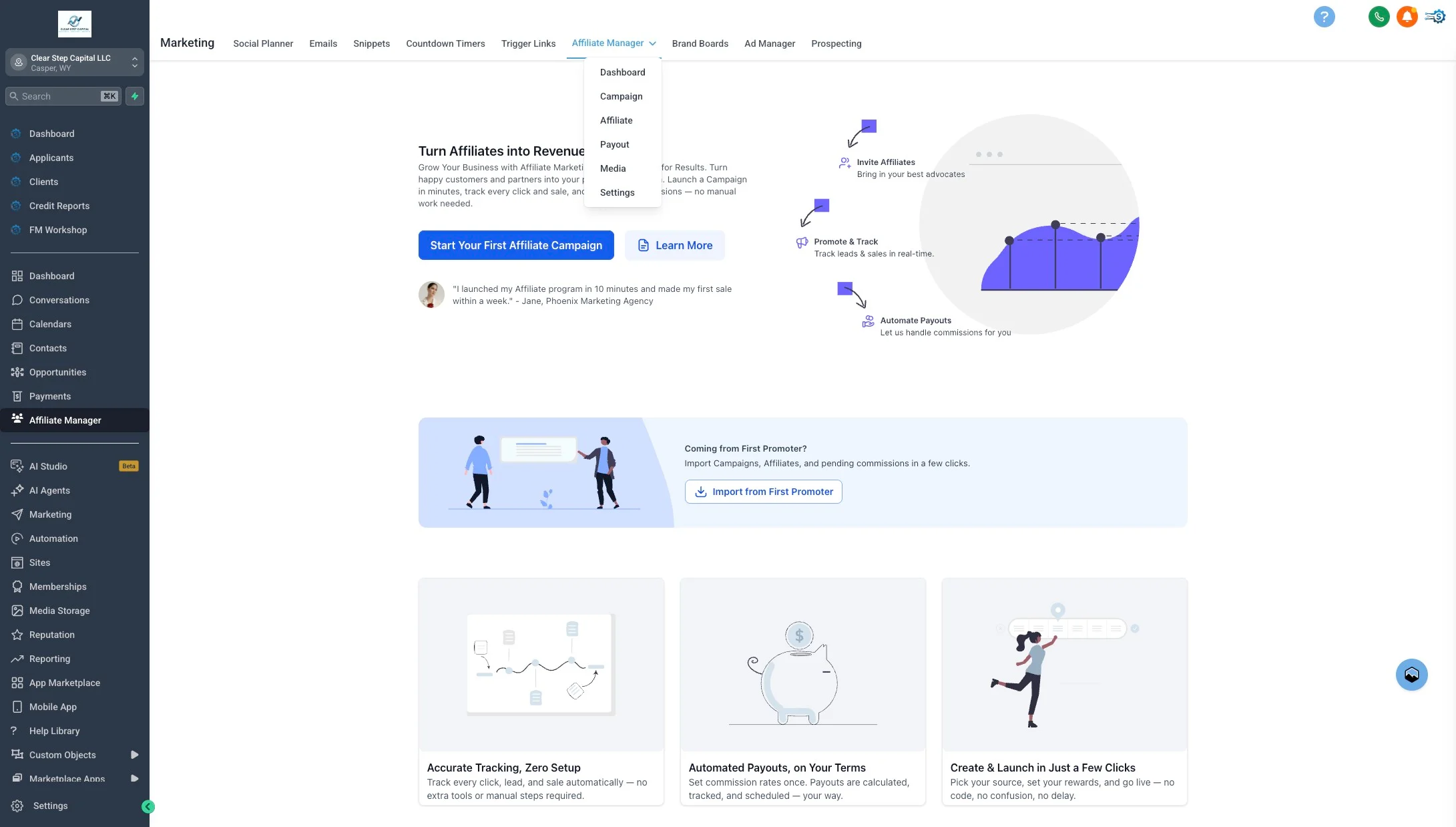 Affiliate Manager landing screen