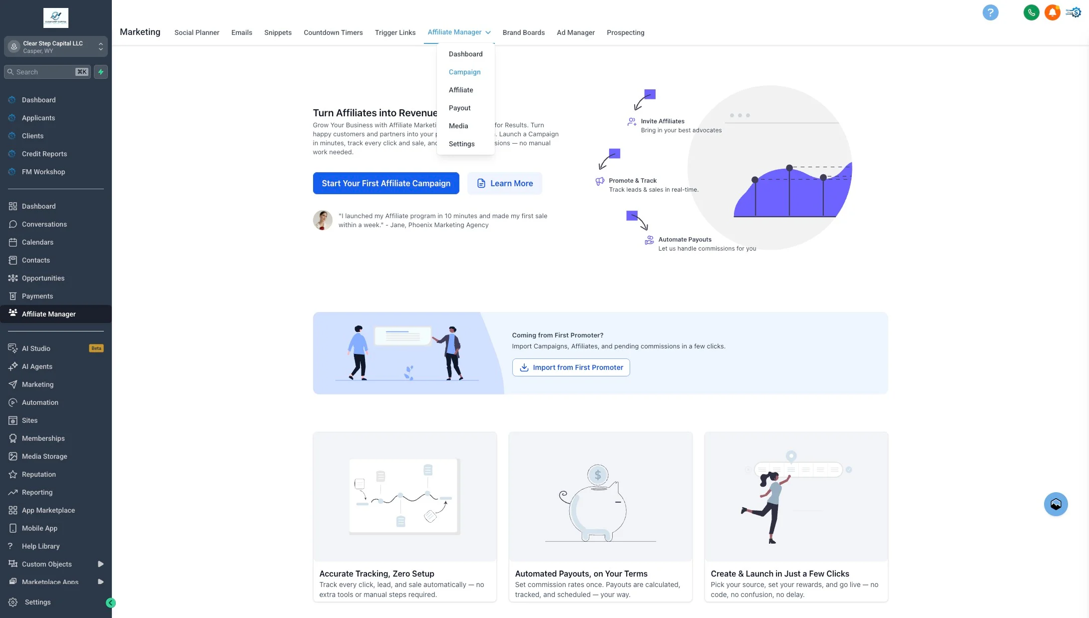 Open the Campaign tab in Affiliate Manager