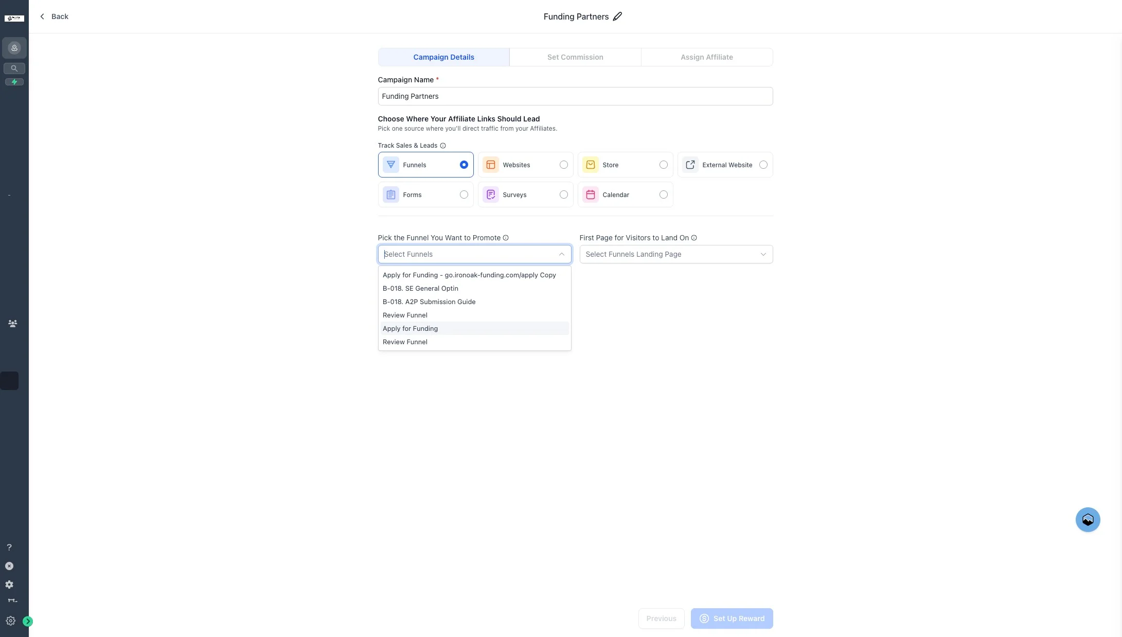 Select the Apply for Funding funnel
