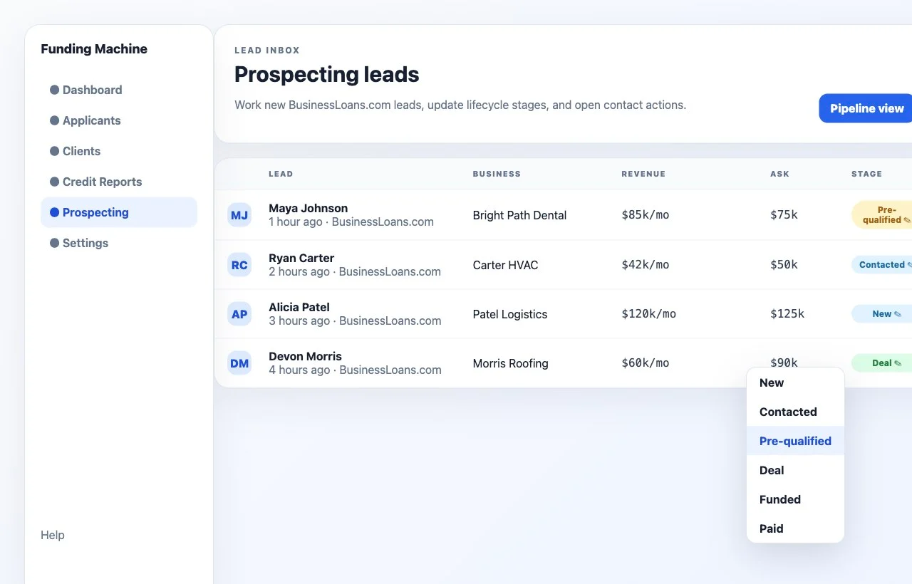Lead stage menu with New, Contacted, Pre-qualified, Deal, Funded, and Paid stages