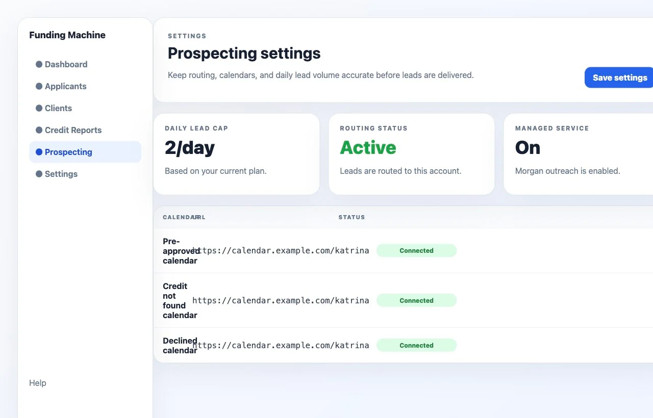 Prospecting settings showing daily cap, routing status, and connected calendar links