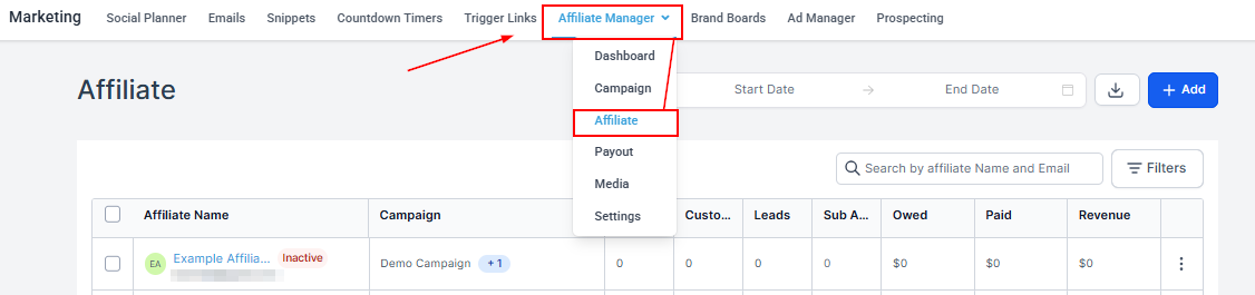 Affiliates Overview in the Affiliate Manager