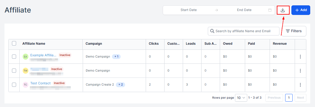 Export in the Affiliate Manager